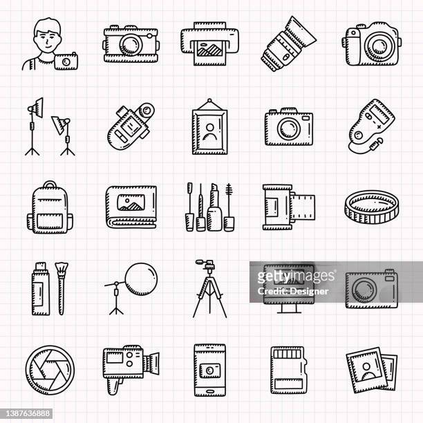 fotografie verwandte handgezeichnete icons set, doodle style vector illustration - front camera icon stock-grafiken, -clipart, -cartoons und -symbole