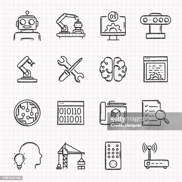 robotik verwandte handgezeichnete icons set, doodle style vector illustration - robotics stock-grafiken, -clipart, -cartoons und -symbole