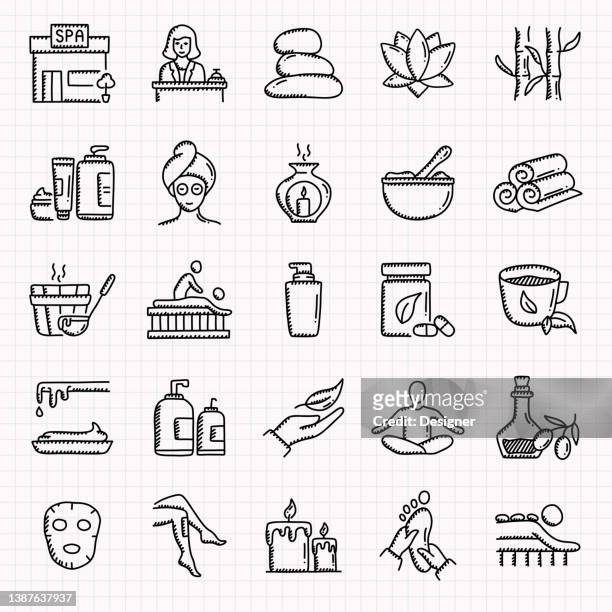 illustrazioni stock, clip art, cartoni animati e icone di tendenza di set di icone disegnate a mano di elementi spa, illustrazione vettoriale stile doodle - stabilimento termale