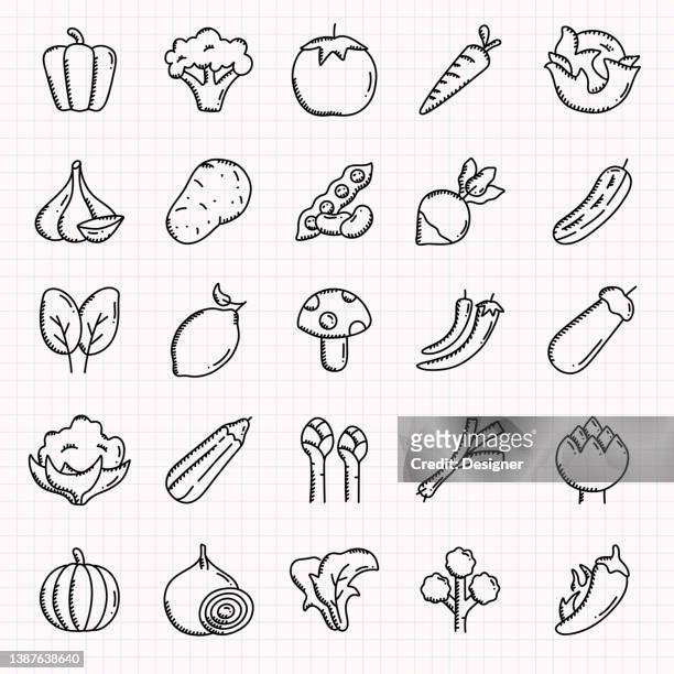 gemüse verwandte handgezeichnete icons set, doodle style vector illustration - kartoffel icon stock-grafiken, -clipart, -cartoons und -symbole