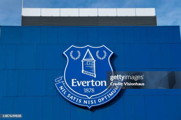 The club crest displayed on the outside of Goodison Park, home of Everton FC on March 24, 2022 in Liverpool, England.