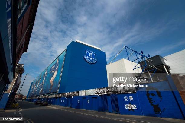 The club crest displayed on the outside of Goodison Park, home of Everton FC on March 24, 2022 in Liverpool, England.