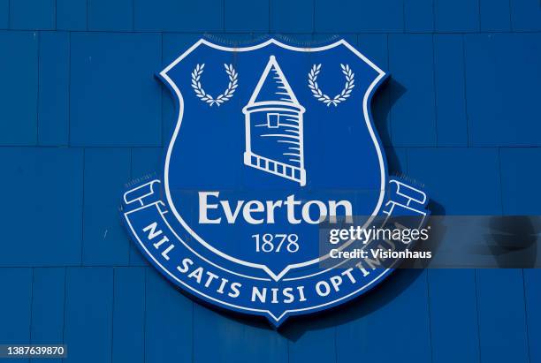 The club crest displayed on the outside of Goodison Park, home of Everton FC on March 24, 2022 in Liverpool, England.