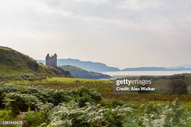 ruined scottish castle (gylen castle) with viewpoint over the coastline on a calm summer day. - lorne ストックフォトと画像