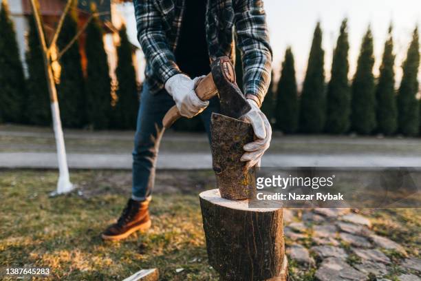 close up view of chopping the log in the countryside - chop stock pictures, royalty-free photos & images