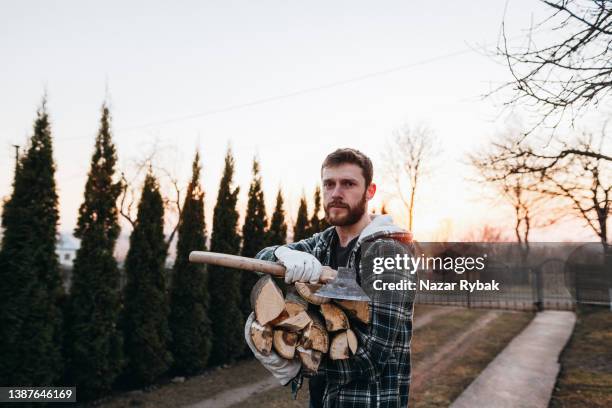 the man holds a firewoods - jägmästare bildbanksfoton och bilder