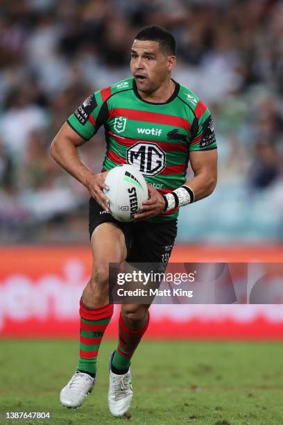 Cody Walker of the Rabbitohs runs with the ball during the round three NRL match between the South Sydney Rabbitohs and the Sydney Roosters at Accor...
