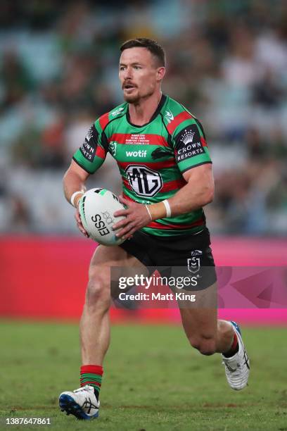 Damien Cook of the Rabbitohs runs with the ball during the round three NRL match between the South Sydney Rabbitohs and the Sydney Roosters at Accor...