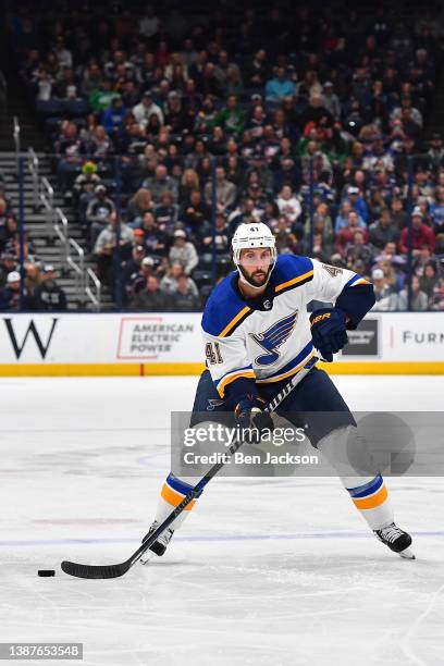 Robert Bortuzzo of the St. Louis Blues skates with the puck during the second period of a game against the Columbus Blue Jackets at Nationwide Arena...