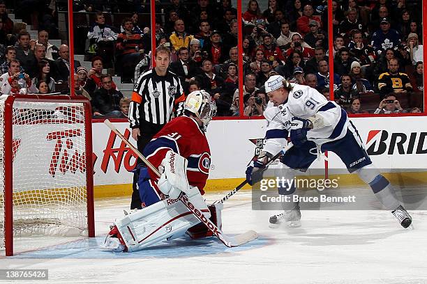 Steven Stamkos of the Tampa Bay Lightning and Team Alfredsson takes a shot on Carey Price of the Montreal Canadiens and Team Chara during the 2012...