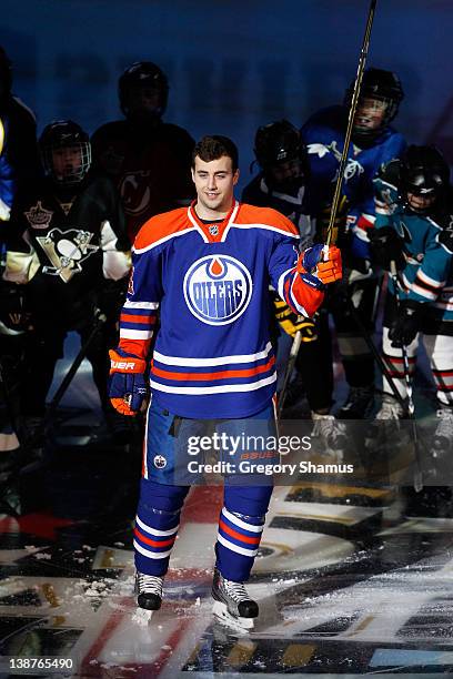 Jordan Eberle of the Edmonton Oilers and Team Chara skates prior to the 2012 Molson Canadian NHL All-Star Skills Competition at Scotiabank Place on...