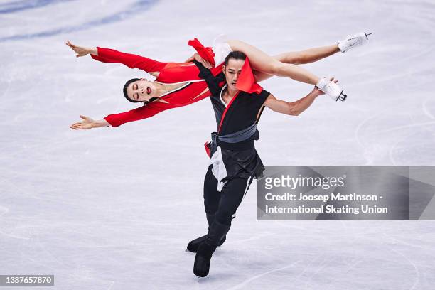 Kana Muramoto and Daisuke Takahash compete in the Ice Dance Rhythm Dance during day 3 of the ISU World Figure Skating Championships at Sud de France...