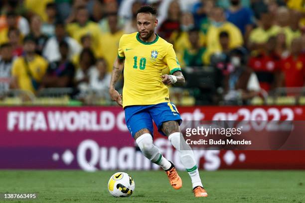 Neymar Jr. Of Brazil runs with the ball during a match between Brazil and Chile as part of FIFA World Cup Qatar 2022 Qualifier on March 24, 2022 in...