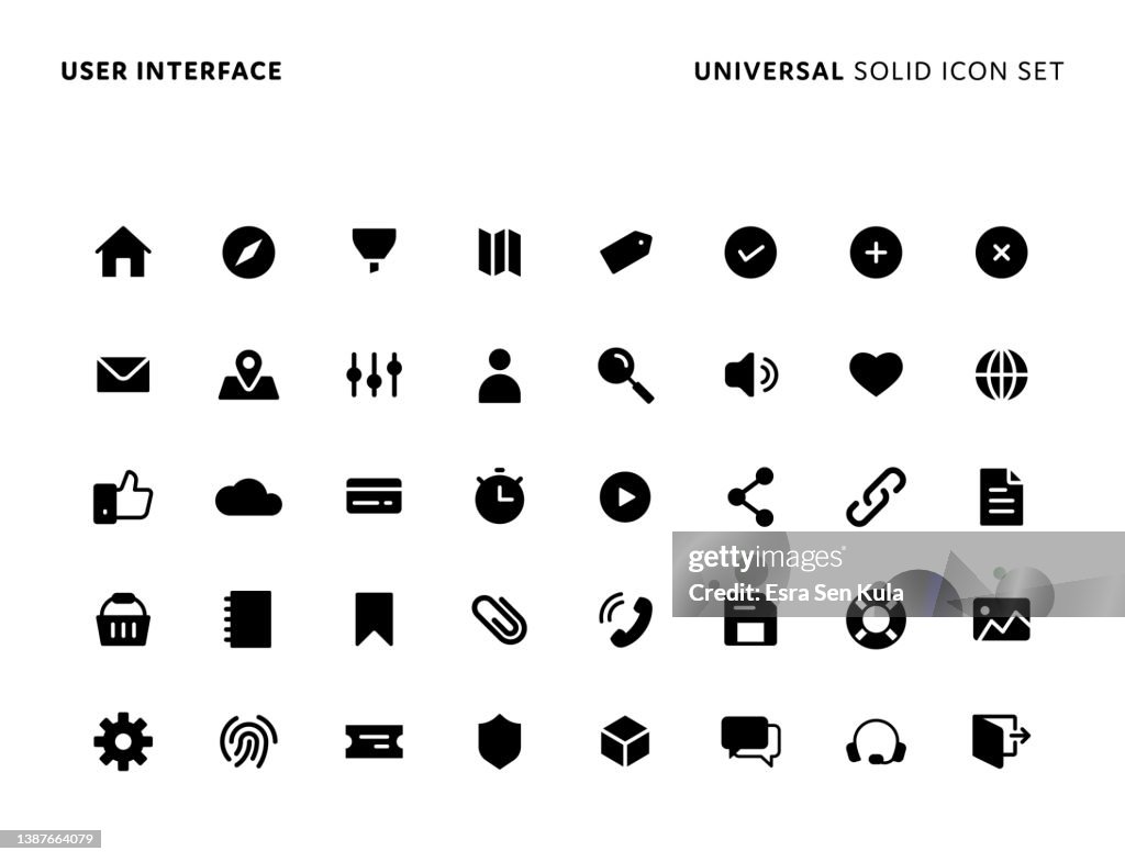 Benutzeroberfläche Universal Solid Icon Set. Icons eignen sich für Webseiten-, Mobile App-, UI-, UX- und GUI-Design.