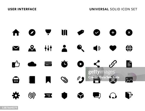 illustrazioni stock, clip art, cartoni animati e icone di tendenza di interfaccia utente universal solid icon set. le icone sono adatte per la progettazione di pagine web, app mobili, interfaccia utente, ux e gui. - solido