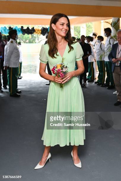 Catherine, Duchess of Cambridge during for a visit of Sybil Strachan Primary School on March 25, 2022 in Nassau, Bahamas. The Duke and Duchess of...