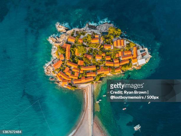 sveti stefan aerial,high angle view of sea shore,sveti stefan,montenegro - montenegro stock-fotos und bilder