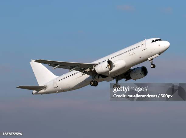 low angle view of airplane flying against sky - low flying aircraft stockfoto's en -beelden