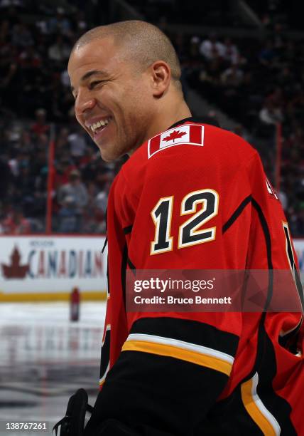 Jarome Iginla of the Calgary Flames and Team Chara during the 2012 Molson Canadian NHL All-Star Skills Competition at Scotiabank Place on January 28,...