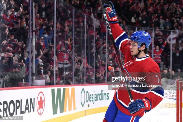 Jake Evans of the Montreal Canadiens celebrates after scoring a goal against the Ottawa Senators in the NHL game at the Bell Centre on March 19, 2022...
