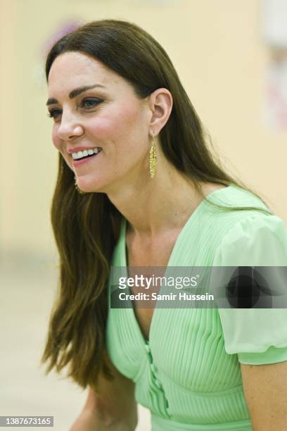 Catherine, Duchess of Cambridge during a visit of Sybil Strachan Primary School on March 25, 2022 in Nassau, Bahamas. The Duke and Duchess of...