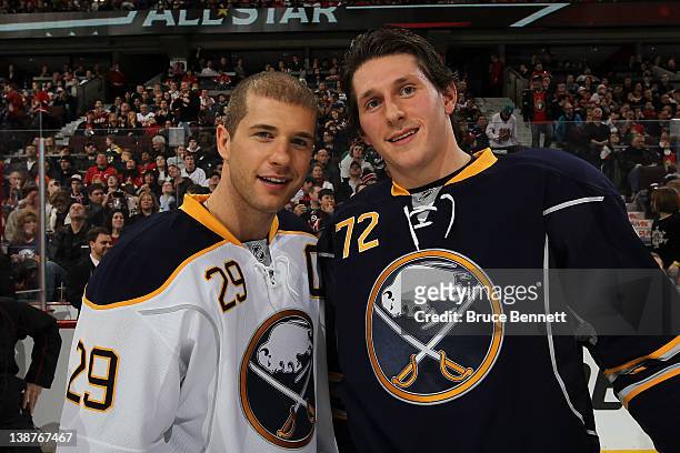 Jason Pominville of the Buffalo Sabres and Team Alfredsson and Luke Adam of the Buffalo Sabres and team Chara during the 2012 Molson Canadian NHL...