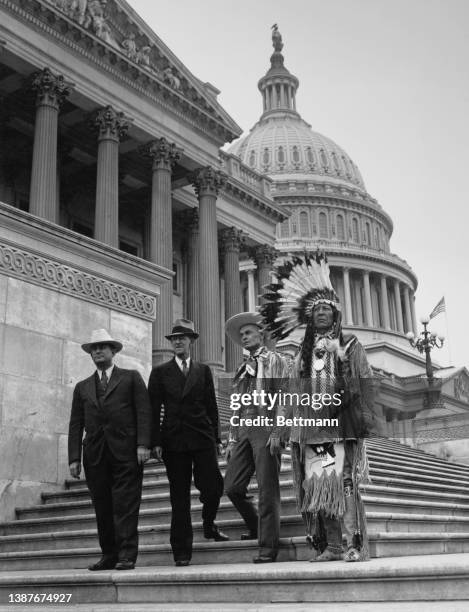 Spokesmen for the Native American cause at a hearing before Indian Affairs Committee departing from the United States Capitol in Washington, DC, 3rd...