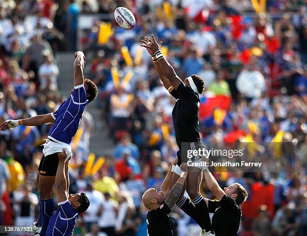 Lote Raikabula of New Zealad battles for the battle against Reupena Levasa of Samoa during the USA Sevens Rugby on February 11, 2012 at the Sam Boyd...