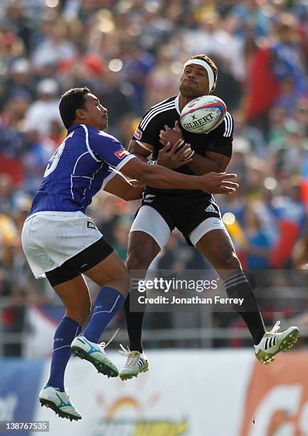 Lote Raikabula of New Zealad battles for the battle against Reupena Levasa of Samoa during the USA Sevens Rugby on February 11, 2012 at the Sam Boyd...