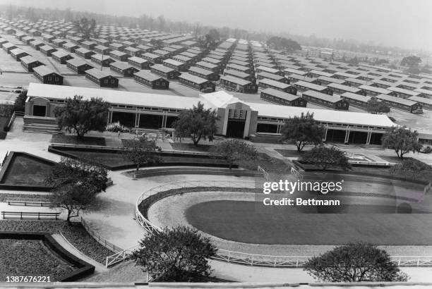 High angle view over the grandstand towards the huts used to house Japanese American detainees at the Santa Anita Assembly Center on the site of the...