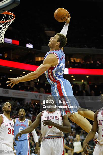 Blake Griffin of the Los Angeles Clippers dunks the ball on the Charlotte Bobcats during their game at Time Warner Cable Arena on February 11, 2012...
