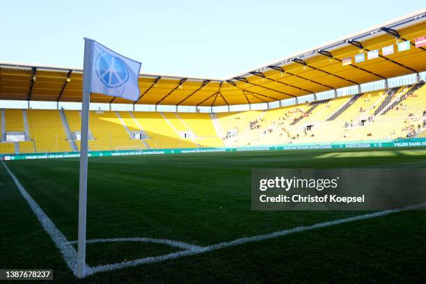 Peace flag against the Ukraine war prior to the UEFA European Under-21 Championship Qualifier Group B match between Germany U21 and Latvia U21 at...