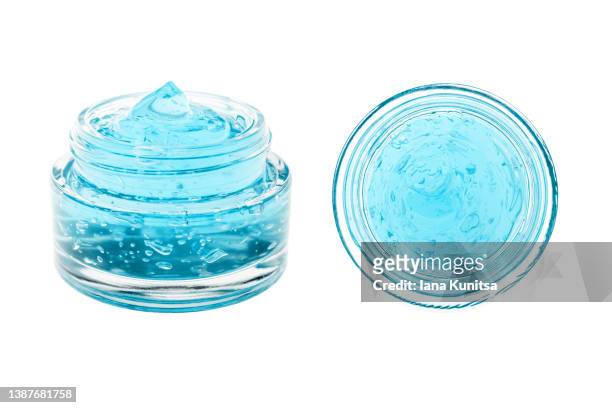 set jars of blue moisture face serum on white background. hyaluronic acid. antibacterial gel. cosmetic products for makeup and skin care. - gel pour les cheveux photos et images de collection