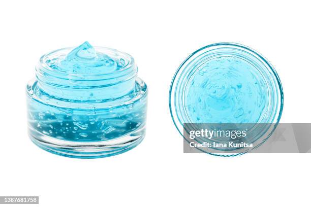 set jars of blue moisture face serum on white background. hyaluronic acid. antibacterial gel. cosmetic products for makeup and skin care. - gel stock pictures, royalty-free photos & images