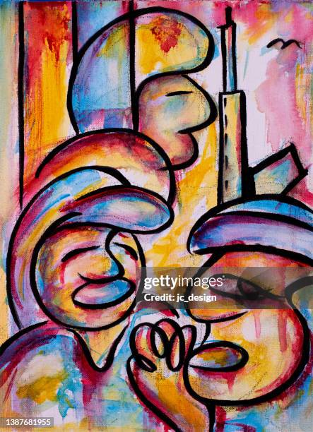 abstract painting of war with civilians and a soldier - expressionism stock illustrations