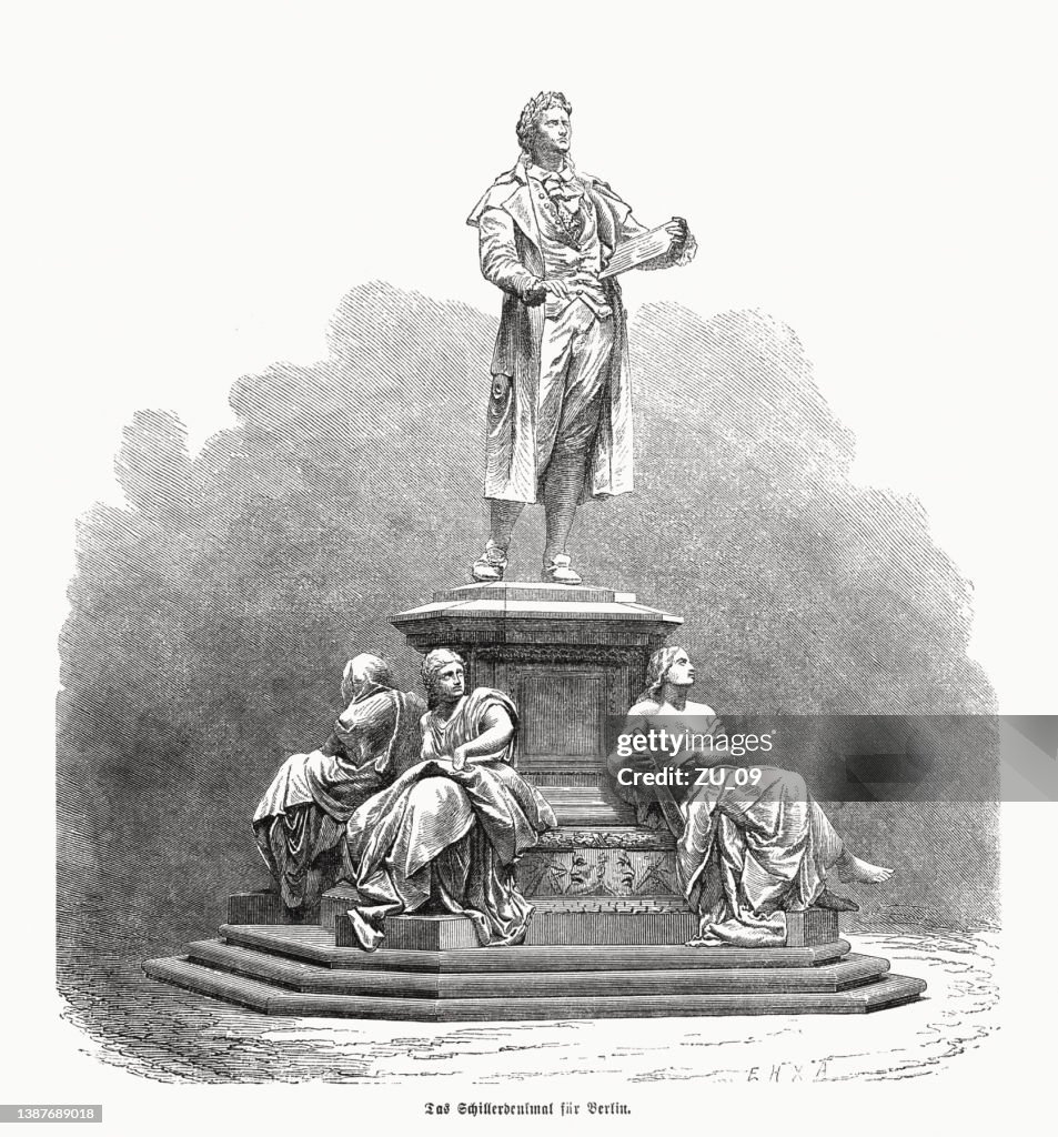 Schiller Monument in Berlin, Germany, wood engraving, published in 1870