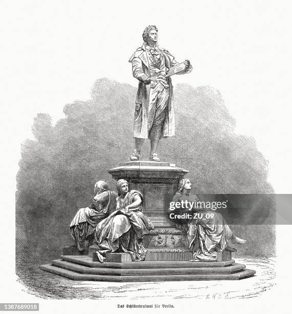 schiller monument in berlin, germany, wood engraving, published in 1870 - lyric stock illustrations