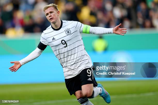 Jonathan Burkardt of Germany celebrates the first goal during the UEFA European Under-21 Championship Qualifier Group B match between Germany U21 and...