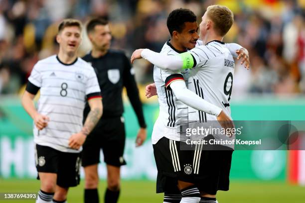 Ansgar Knauff of Germany celebrates the second goal with Jonathan Burkardt of Germany during the UEFA European Under-21 Championship Qualifier Group...