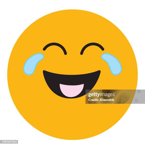 süßes social media emoji gesicht mit freudentränen auf orangefarbenem hintergrund - tears of joy stock-grafiken, -clipart, -cartoons und -symbole