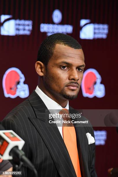 Quarterback Deshaun Watson of the Cleveland Browns listens to questions during a press conference introducing him to the Cleveland Browns at...