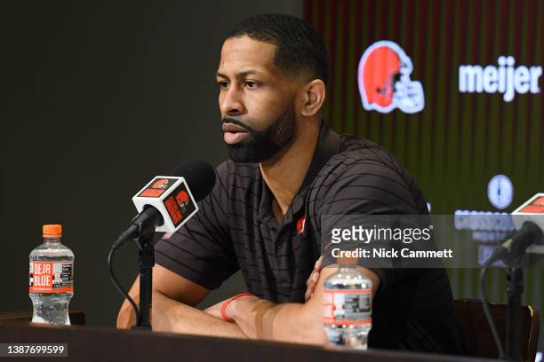 Cleveland Browns general manager Andrew Berry speaks during a press conference at CrossCountry Mortgage Campus on March 25, 2022 in Berea, Ohio.
