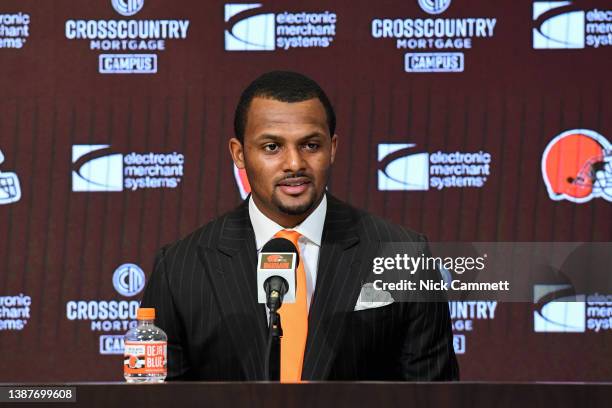 Quarterback Deshaun Watson of the Cleveland Browns speaks during his press conference introducing him to the Cleveland Browns at CrossCountry...