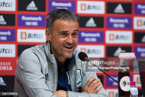 Luis Enrique, head coach of Spain, attends during the press conference before a friendly match agains Albania at RCD Stadium on March 25, 2022 in...