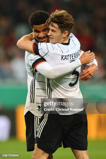 Malik Tillmann of Germany celebrates the forth goal and 4-0 with Noah Katterbach of Germanyduring the UEFA European Under-21 Championship Qualifier...