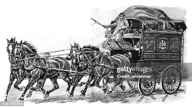 victorian british royal parcel mail horse-driven transport vehicle - horsedrawn stock illustrations