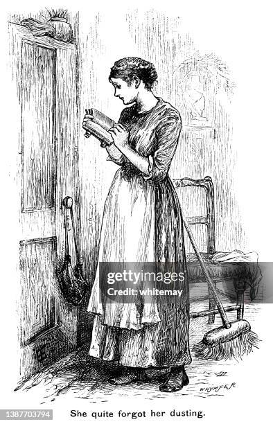 victorian woman reading a book instead of doing housework - victorian interior stock illustrations