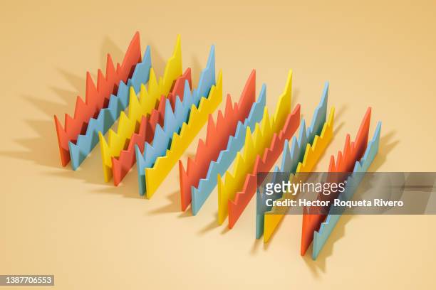 statistics of blue, red and yellow colors in yellow background, 3d render,image generated with computer - 3d data bars stock pictures, royalty-free photos & images