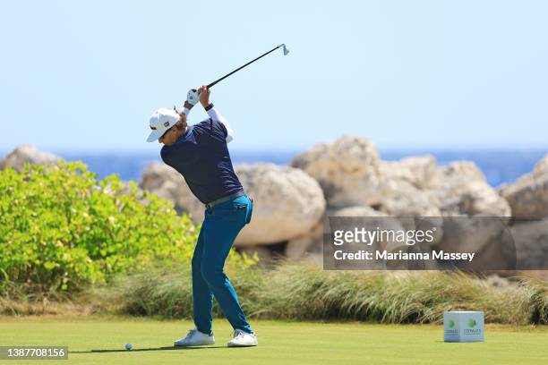Ricky Barnes of the United States plays his shot from the eighth tee during the second round of the Corales Puntacana Championship at the Corales...