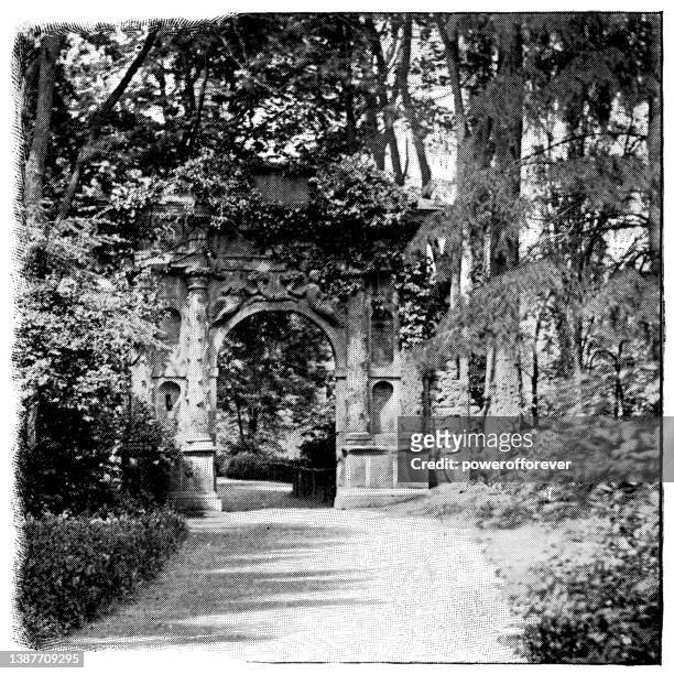 the elizabeth gate in hortus palatinus (garden of the palatinate) at heidelberg castle ruins in heidelberg, germany - 19th century - formal garden stock illustrations